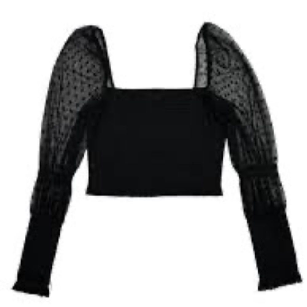 Intimately Free People Puckered Black Crop Top Dotted Mesh Sleeves Sz M